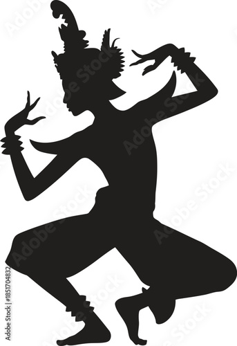 Tribal dancing figure silhouette vector, mythological warrior pose icon, cultural ritual symbol isolated on white background