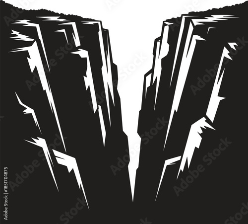 Mountain crack silhouette vector, broken cliff rift icon, dramatic geological split isolated on white background