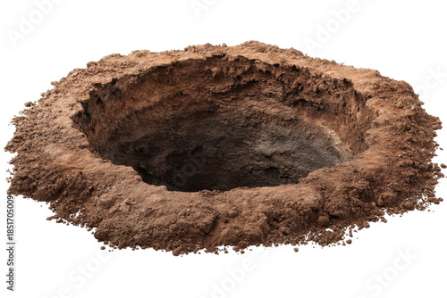 Excavation process shows a deep hole in the ground surrounded by loose soil and dirt in an outdoor setting