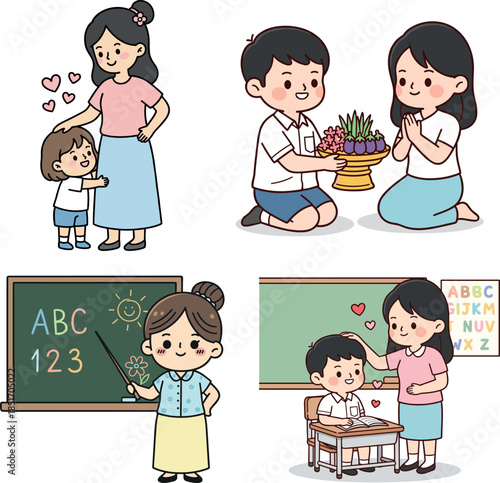 Cute cartoon couple offering food to monk in traditional Thai dress