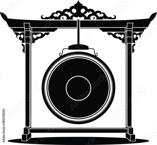 Traditional gong silhouette vector, asian percussion instrument icon, hanging gong symbol isolated on white background