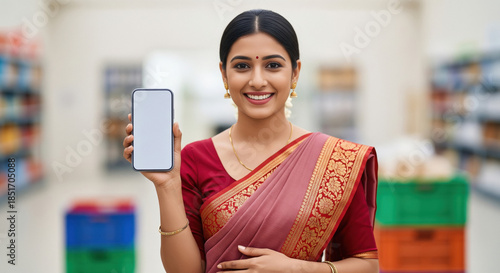 A cheerful Indian woman in an elegant sari smiles while holding up a blank smartphone screen in a bright modern store