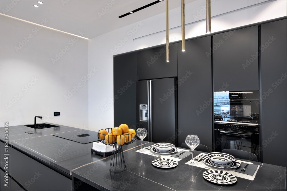 custom made wallpaper toronto digitalThe foreground features a modern marble kitchen island topped with plates and glasses.    