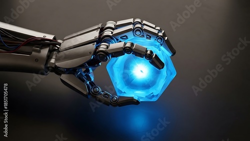 Robotic hand holding glowing crystal, representing technological advancement