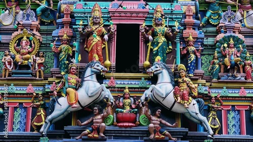 Kuala Lumpur, Malaysia - June 18, 2025: Close-up and facade of the Hindu temple Sri Maha Mariamman Dhevasthanam with prayer flags and sculptures of deities, in Chinatown. 4К