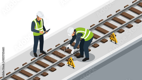 Isometric illustration of two railway workers inspecting tracks with safety gear on a grey background.