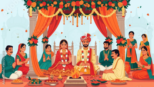 Illustration of a traditional Indian wedding ceremony with a bride and groom sitting under a decorated archway surrounded by family members and friends in vibrant orange