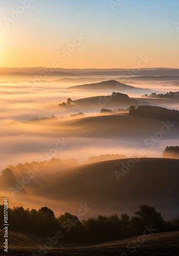 Scenic Sunrise Over Rolling Hills Covered in Misty Fog Landscape
