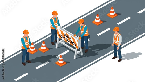 Isometric illustration of construction workers setting up road barriers on a highway with safety cones.