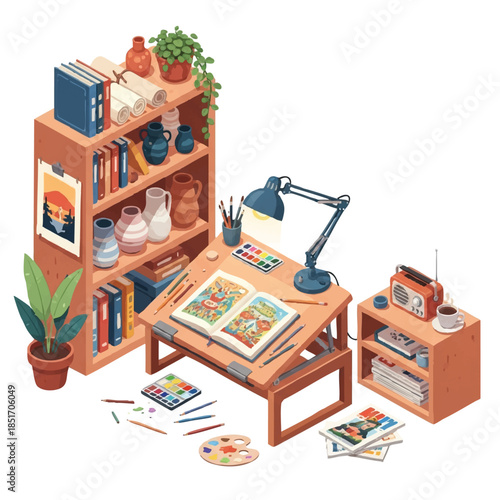 A colorful cartoon-style illustration of a cluttered desk with art supplies and books on a white background, conveying a cute and creative atmosphere.