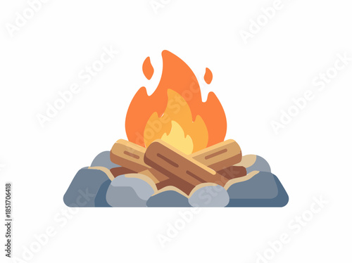 Wood fire burning surrounded with stones