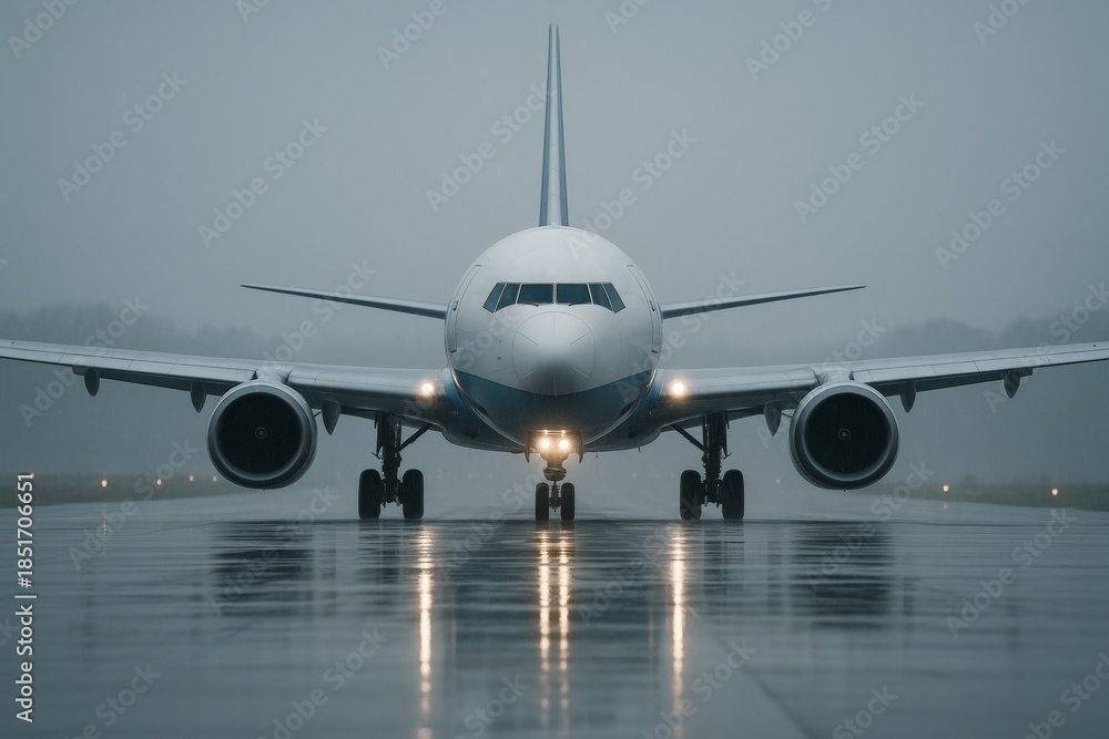 Obraz premium Front view of commercial airplane on wet runway during heavy fog with reflections and lights glowing in moody weather background atmosphere concept. Ai generative