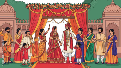 Illustration of a traditional Indian wedding procession with a bride and groom walking through a decorated archway surrounded by family members in vibrant attire.