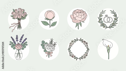 Elegant pastel colored flower illustrations for wedding and event designs featuring bouquets, single blooms, a wedding ring wreath, and a calla lily on a light green background