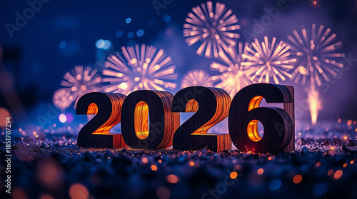 Festive fireworks display illuminating the year 2026 in a celebratory scene