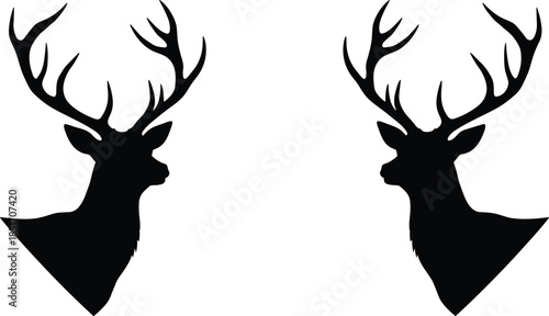 Deer head silhouette vector, symmetrical antlers design, black animal icon, mirrored wildlife illustration, modern tribal style, nature inspired artwork