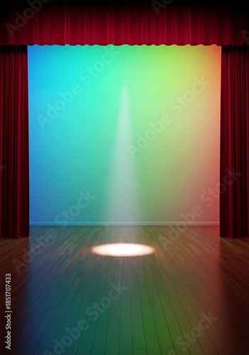 Theatrical Spotlight Illuminating Gradient Backdrop on a Wooden Stage