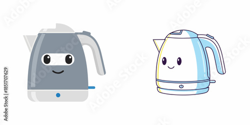Two Cartoon Electric Kettles with Friendly Faces on a White Background