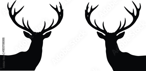 Deer head silhouette vector, symmetrical antlers design, black animal illustration, wildlife art, hunting symbol, rustic decor, forest creature graphic