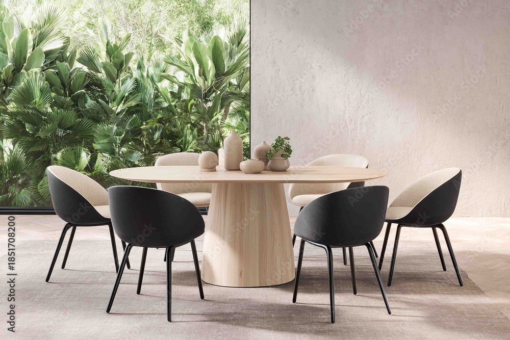 Fototapeta premium A sleek wooden dining table is paired with elegant black chairs, creating a sophisticated dining area.
