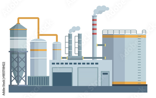 Flat Vector Industrial Factory Illustration with Chimneys and Tanks