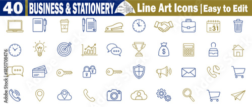 40 business and stationery line art icons easy to edit for professional reports and websites
