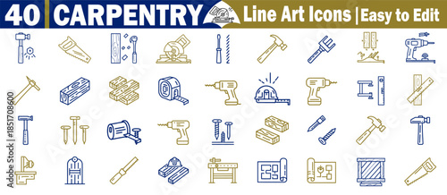 40 line art carpentry icons construction and repair tools easy edit vector