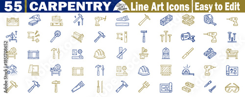 55 carpentry line art icons for construction repair tools easy edit vector
