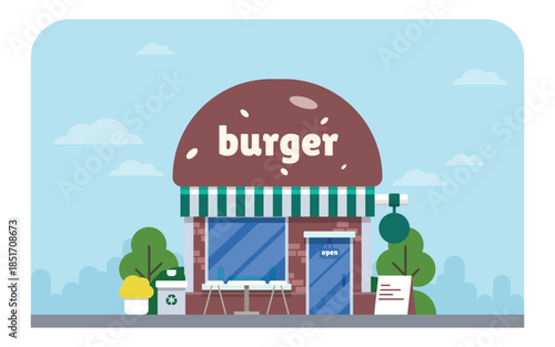 Burger Restaurant with Signboard and Outdoor Seating - Clean Editable Flat Vector Illustration