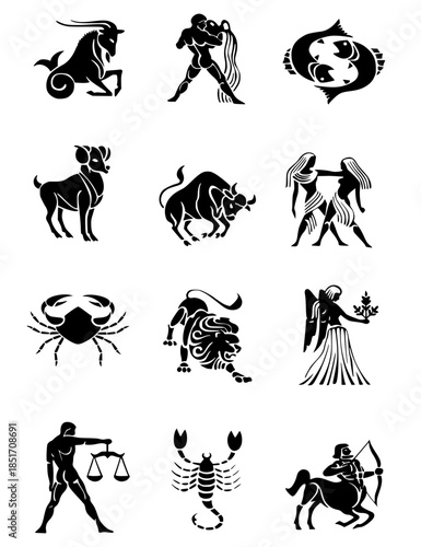 Collection of 12 minimalist black silhouette icons representing the astrological zodiac signs: Aries, Taurus, Gemini, Cancer, Leo, Virgo, Libra, Scorpio, Sagittarius, Capricorn, Aquarius, and Pisces.