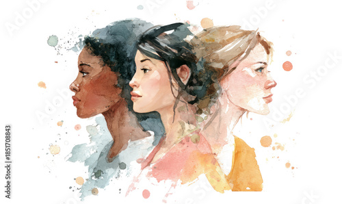 Watercolor Portrait of Three Women in Profile Artistic Style with Soft Colors and Subtle Details
