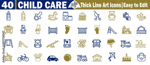 40 child care thick line art icons easy to edit blue and gold on transparent background