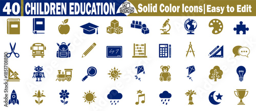 40 children education solid color icons easy to edit blue and gold on transparent background