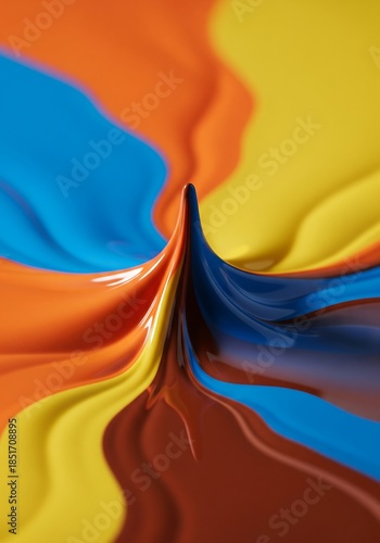 Abstract macro liquid composition featuring a sharp central peak with flowing glossy layers of blue, orange, yellow, and red tones, creating bold contrast, smooth motion, and dynamic fluid texture 