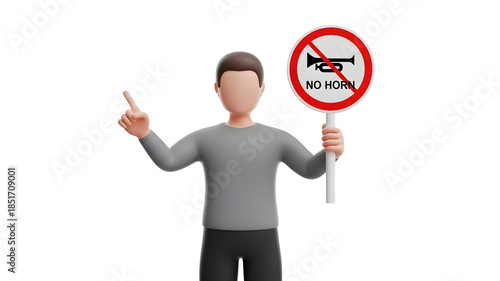 3d male character holding a no horn traffic sign and pointing isolated on transparent background