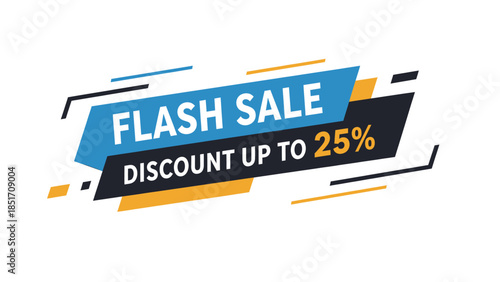 A dynamic flash sale banner with a 25% discount offer, featuring a modern geometric design in blue, black, and orange on a white background.