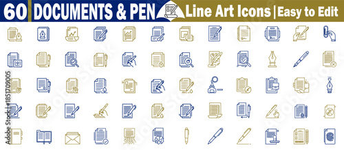 60 documents and pen line art icons easy to edit with transparent background