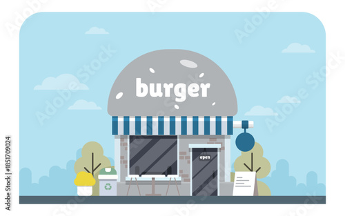 Burger Restaurant with Signboard and Outdoor Seating - Clean Editable Flat Vector Illustration