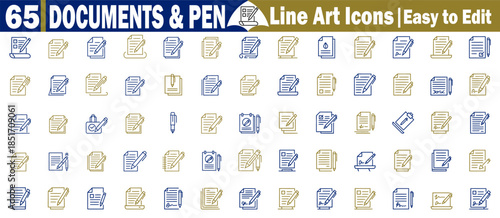 65 documents and pen line art icons easy to edit with transparent background