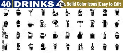 40 drinks solid color icons easy to edit with transparent background