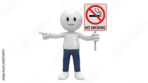3d character pointing and holding a no smoking sign isolated on transparent background