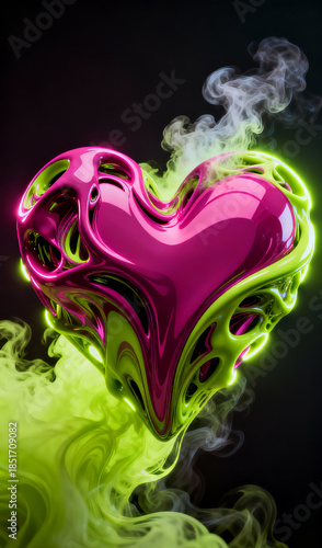 Vibrant magenta and lime heart with glowing futuristic vapor trails