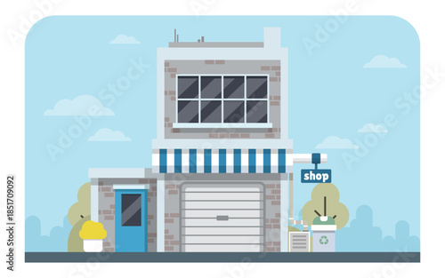 Small Modern City Shop Icon with Recycling Bin and Red Awning - Clean Editable Flat Vector Illustration