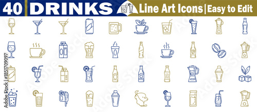 40 drinks line art icons easy to edit graphic collection featuring various beverage items