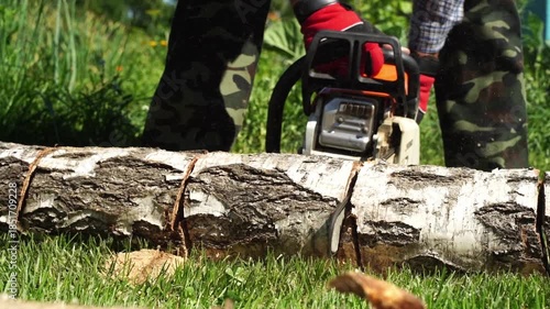 Master sharpens a chain on a chainsaw