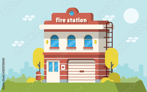 Flat Vector Illustration of Fire Station Building or Emergency Services Architecture in Flat Modern Design - Clean Editable Flat Vector Illustration