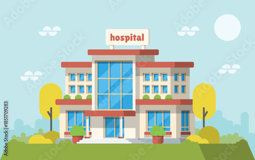 Flat Design Hospital or Medical Center Exterior with Trees and Sky - Clean Editable Flat Vector Illustration