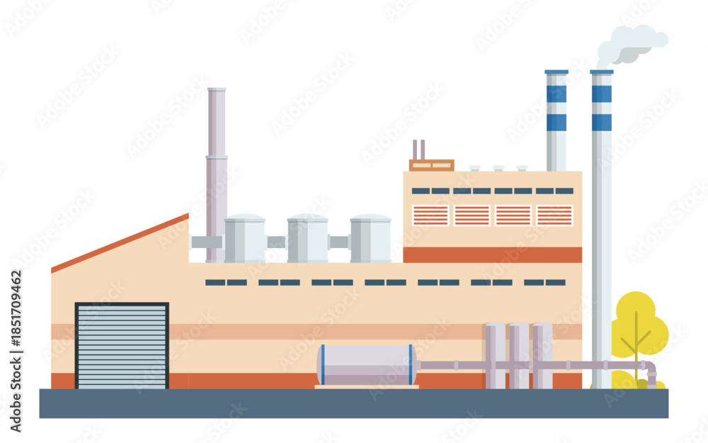 Obraz premium Modern Factory Plant Illustration with Smoke Stacks and Silos – Flat Vector Illustration