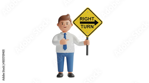 Businessman holding a yellow right turn traffic sign isolated on transparent background
