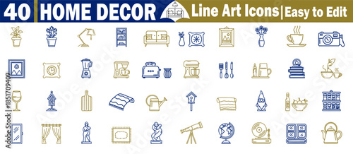 40 home decor line art icons easy to edit vector set second